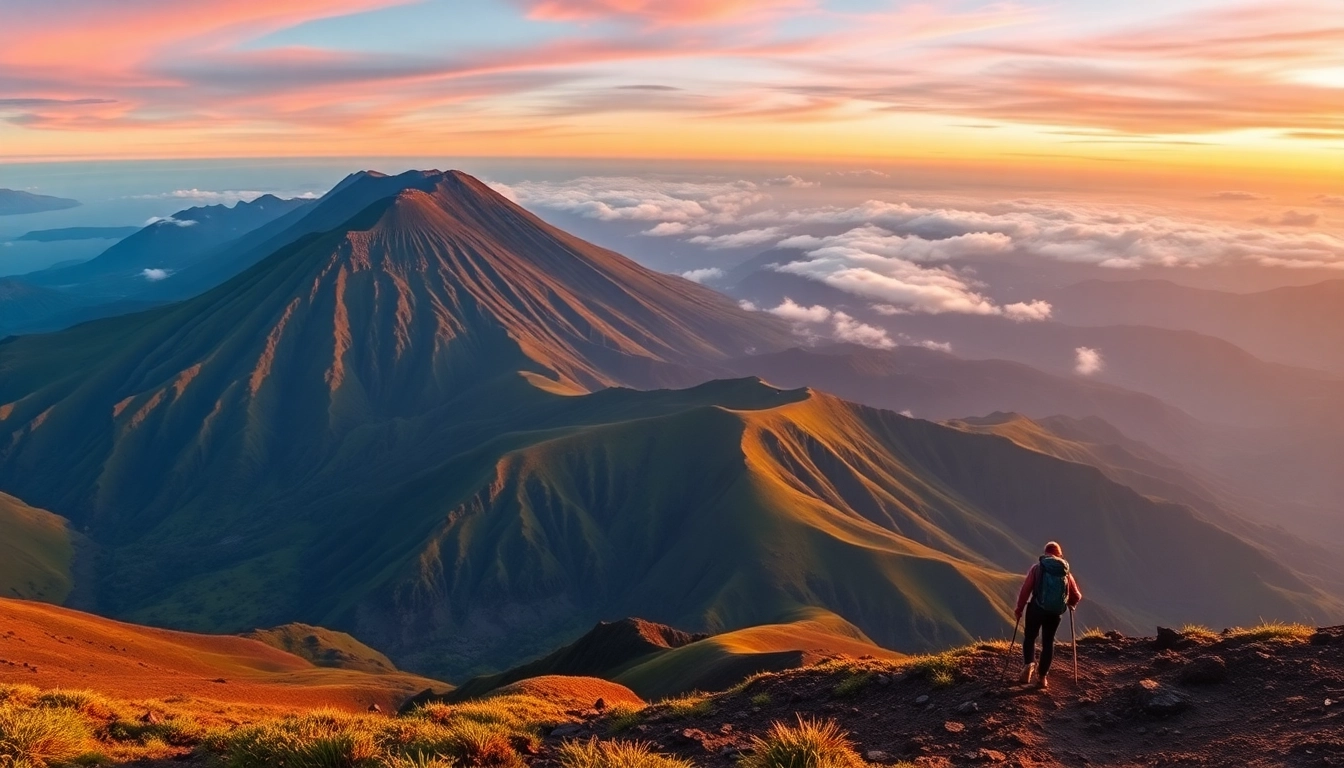 Majestic Mt. Rinjani standing prominently with volcanic peaks and surrounding forests, inviting adventurers to explore the Indonesian natural wonder.