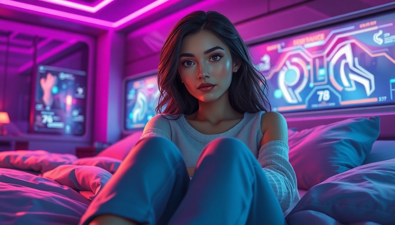 Futuristic bedroom scene with an AI girlfriend in a neon-lit environment, close-up perspective showing warmth and connection.