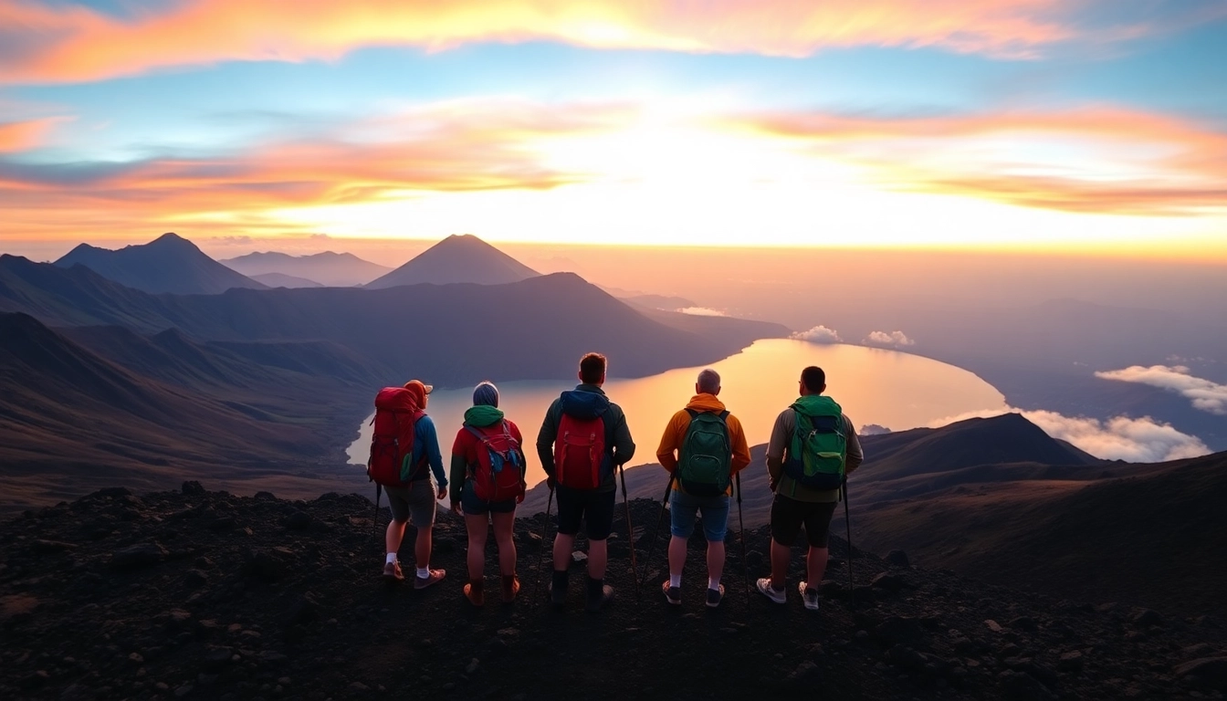 Hikers admiring Mount Rinjani at sunrise from the crater rim, surrounded by volcanic landscape and lush greenery.