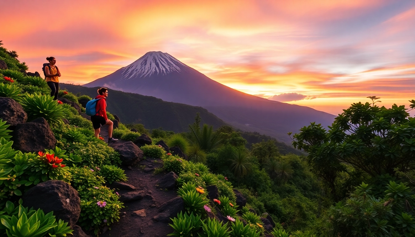 Hikers ascending Mount Rinjani at sunrise with scenic mountain backdrop
