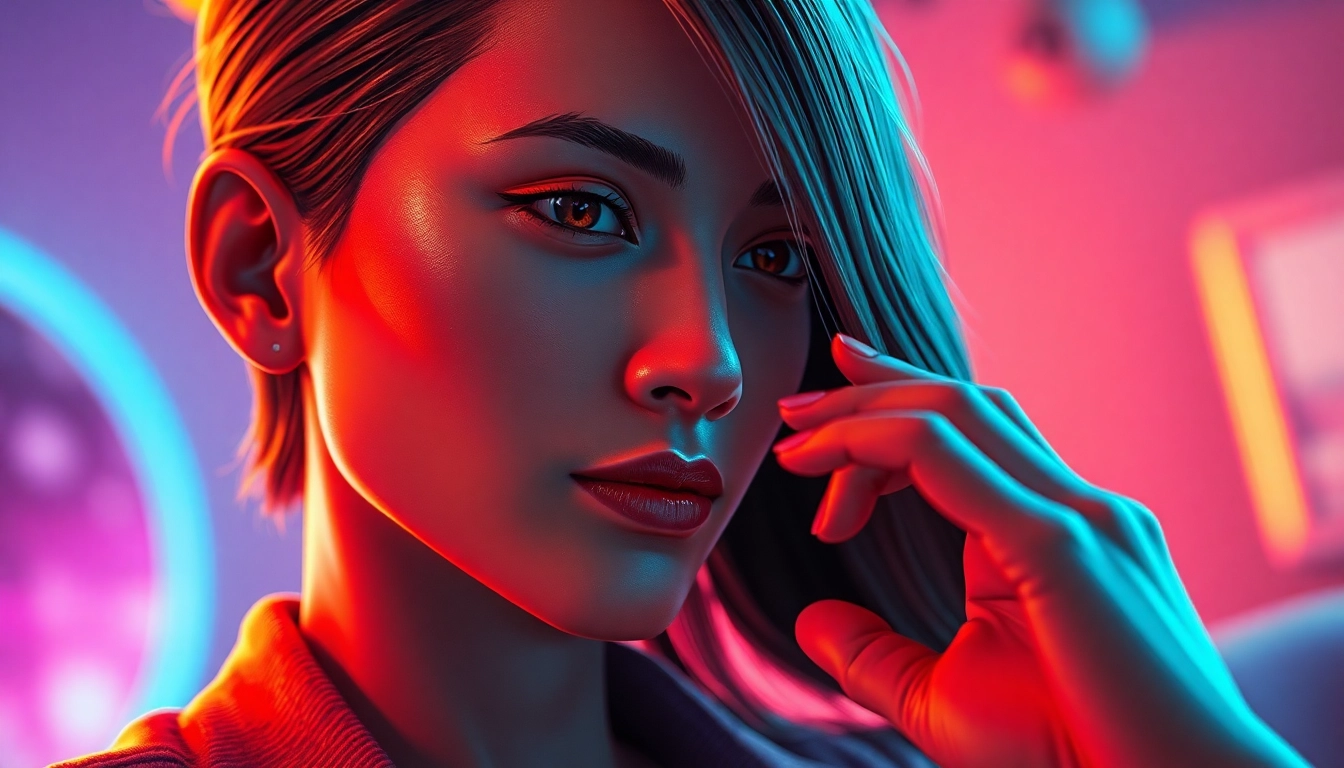 Realistic AI character in an intimate scene with vibrant lighting and detailed textures.