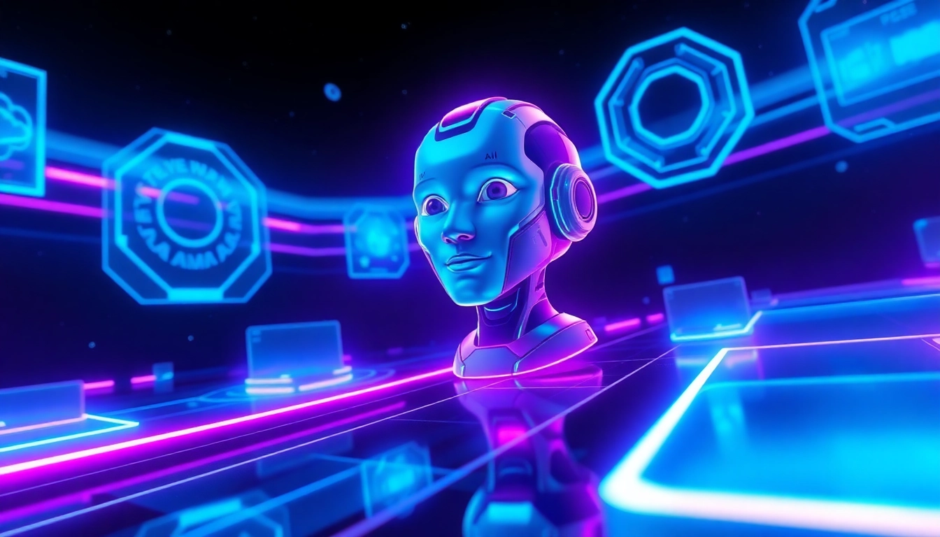 Futuristic AI interface with holograms and neon accents in space.