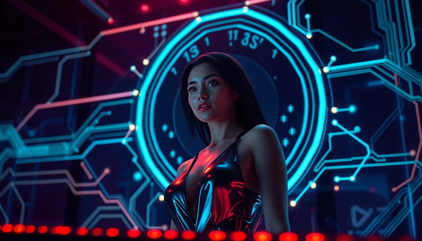 Futuristic AI character in a neon-lit digital environment, representing adult AI interactions.