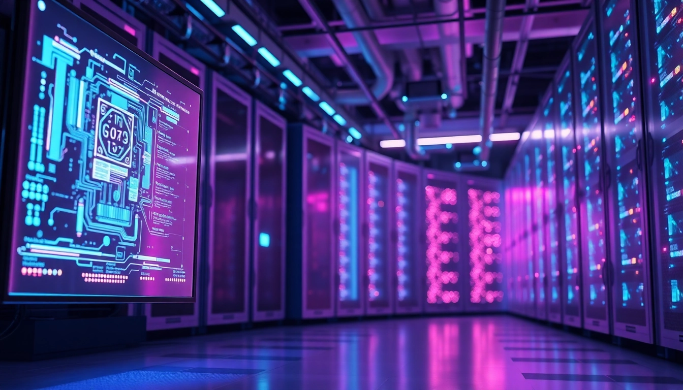 Futuristic AI server room with neon lighting and holographic data interfaces