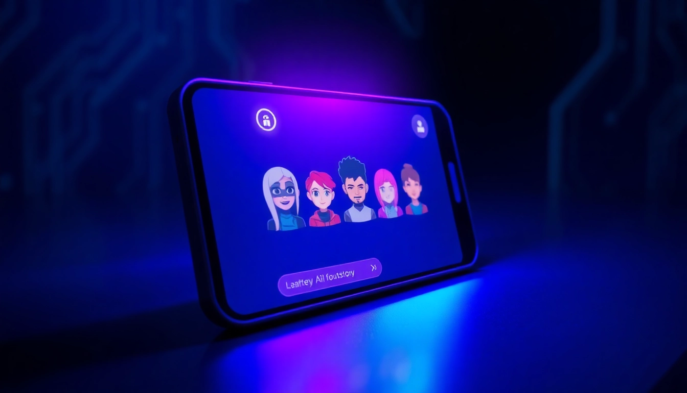 Futuristic AI chatbot interface on a smartphone with vibrant neon colors and digital textures.
