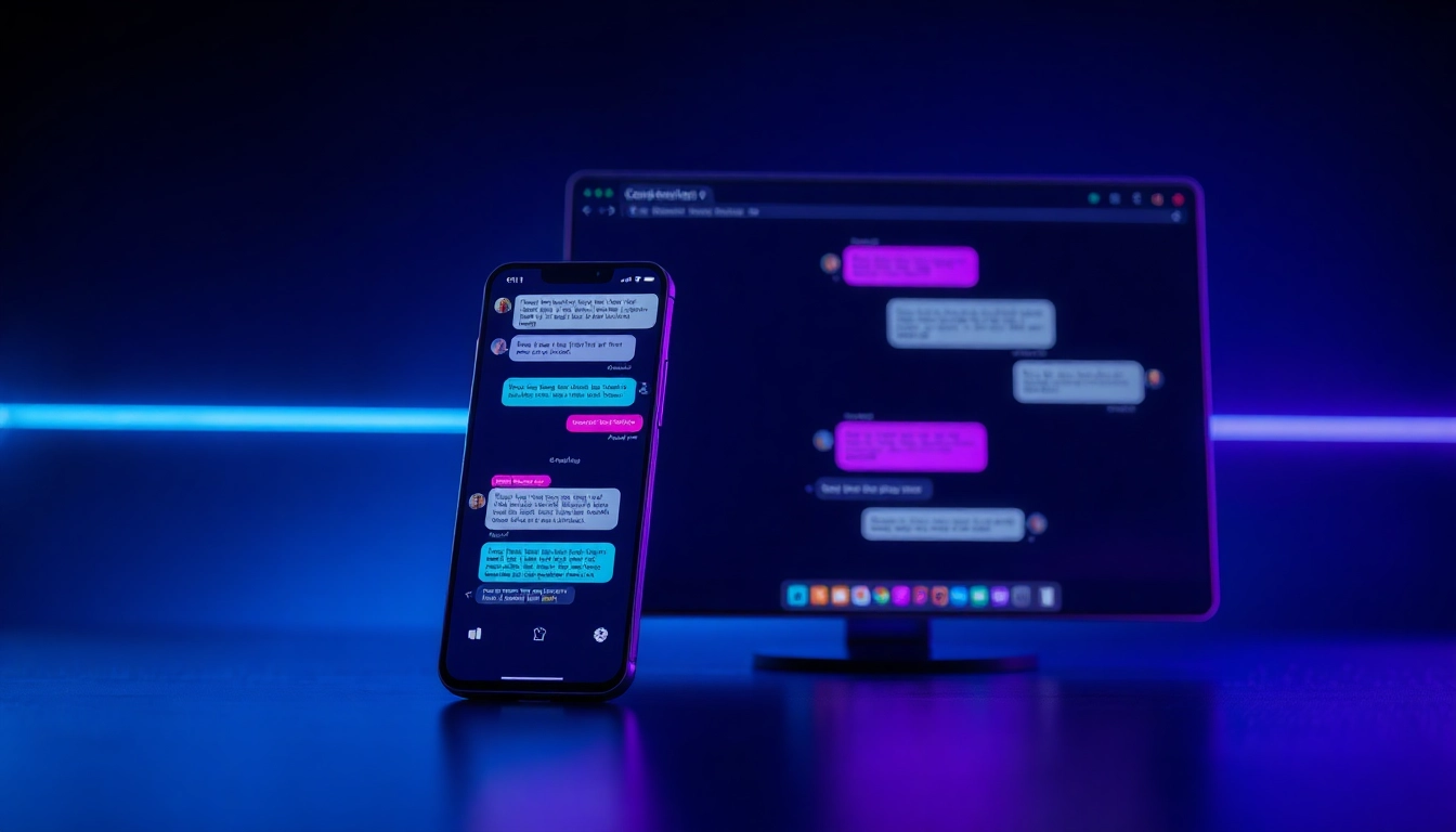 Futuristic AI chatbot interface on smartphone and desktop screens with neon accents and digital glow
