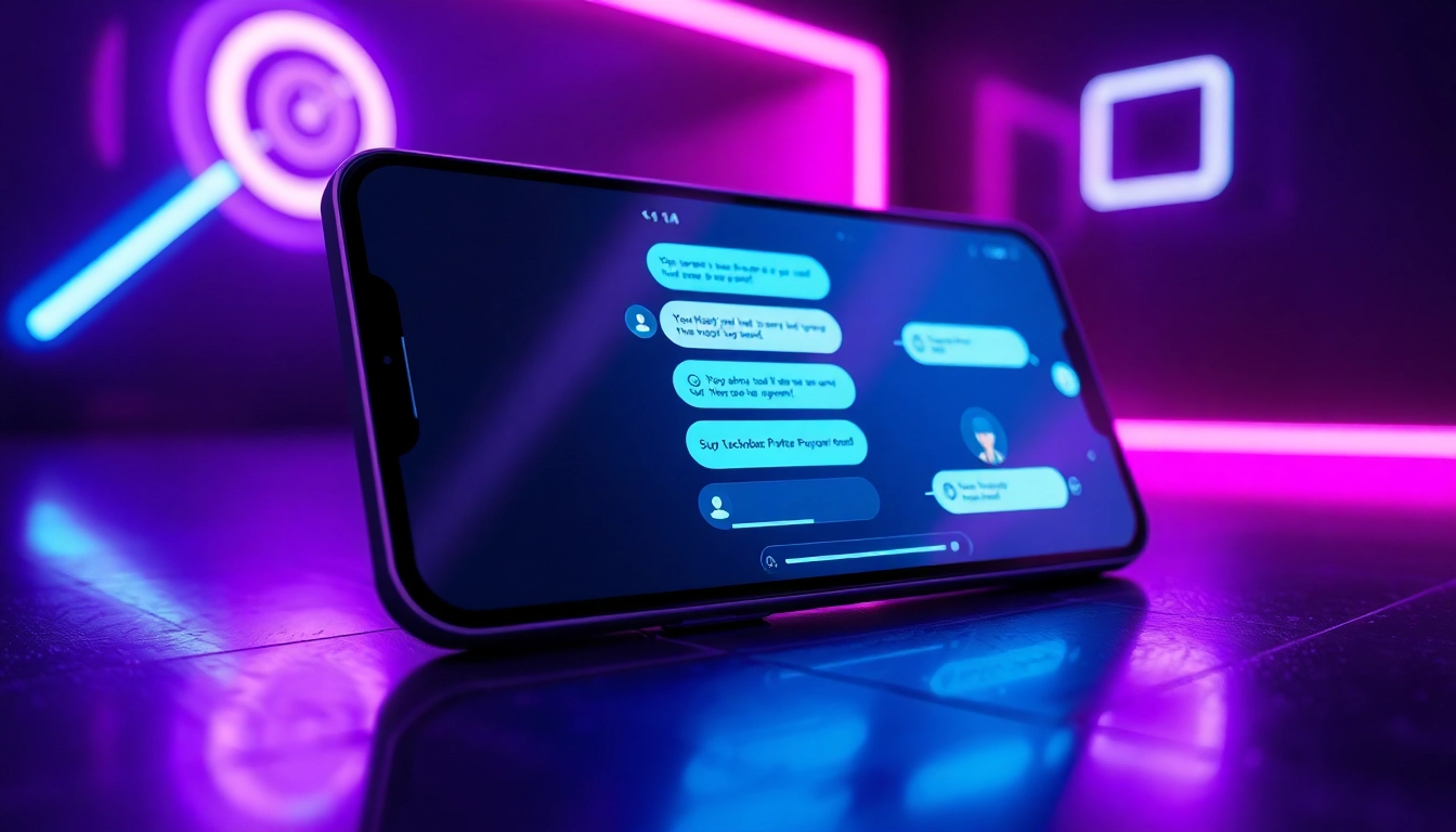 Futuristic AI chat interface on a sleek device with neon-lit cyberpunk background