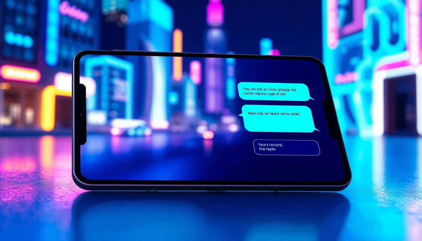 Futuristic digital chat interface on a high-tech device with neon cityscape background, showcasing AI conversation.
