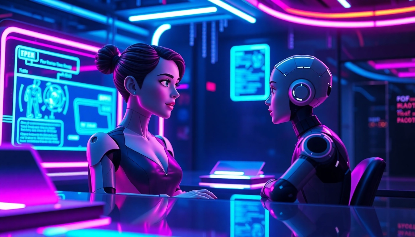 Futuristic digital scene of two AI characters interacting in a neon-lit virtual environment.