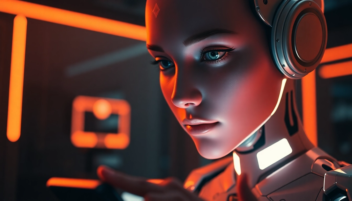 AI Porn Generator concept: hyperreal, neon-lit AI companion in a cinematic studio