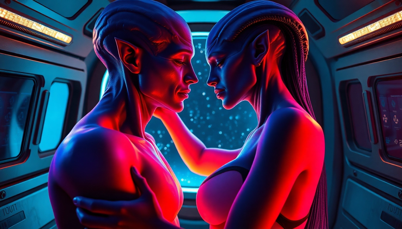 Futuristic alien characters in an intimate moment inside a spaceship, with glowing skin and soft lighting.