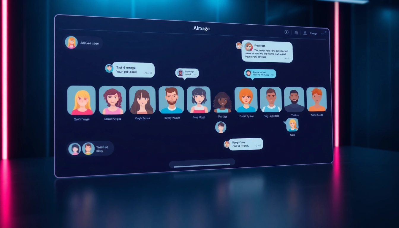Digital interface with customizable AI characters and chat window, neon accents, futuristic design.