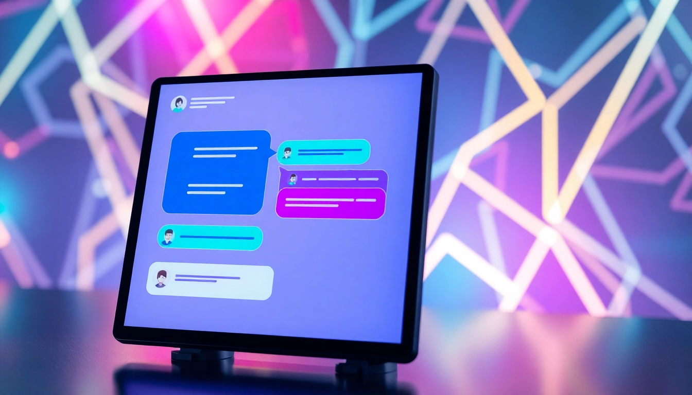 Futuristic chat interface with customizable AI characters on a sleek digital screen
