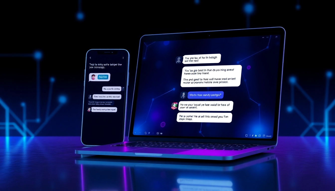 Close-up of a smartphone and laptop displaying AI chat interfaces with suggestive content, futuristic dark background with glowing accents.