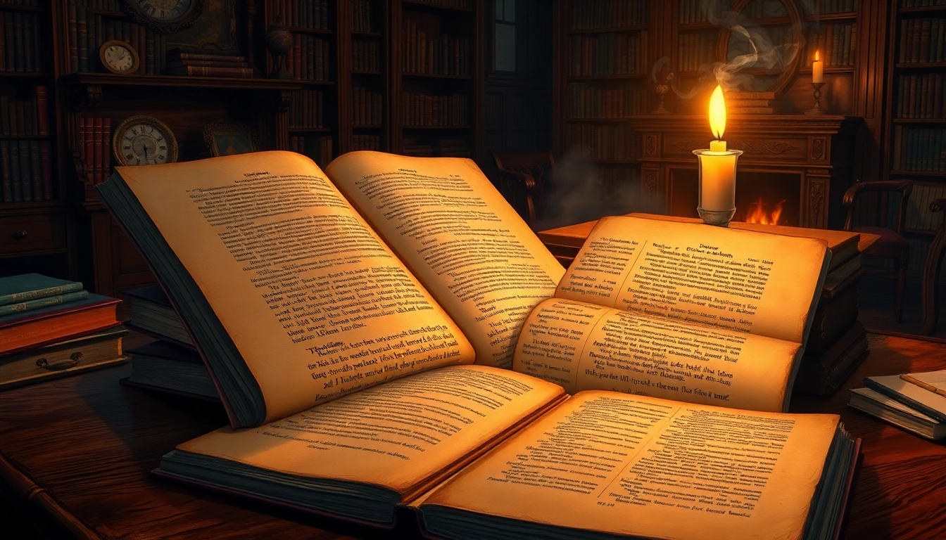 Vintage books and manuscripts on a wooden desk in a Victorian study, lit by a warm candlelight.