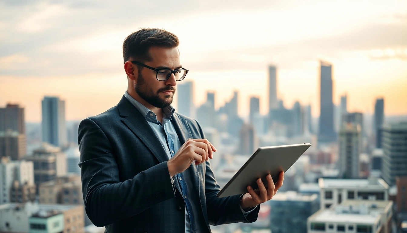Real Estate Investment News Professional analyzing market trends with city skyline background