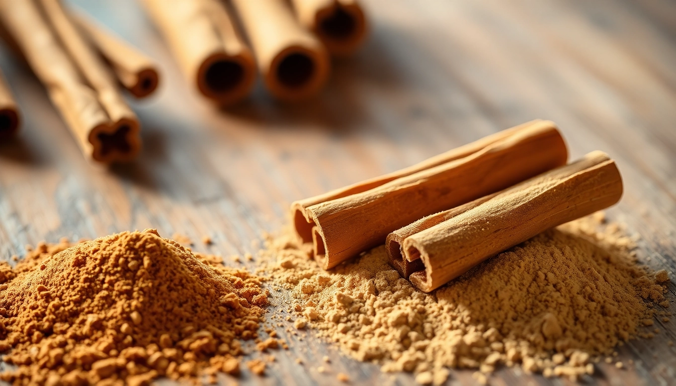 Cinnamon Powder showcased with cinnamon sticks and spice background for premium quality